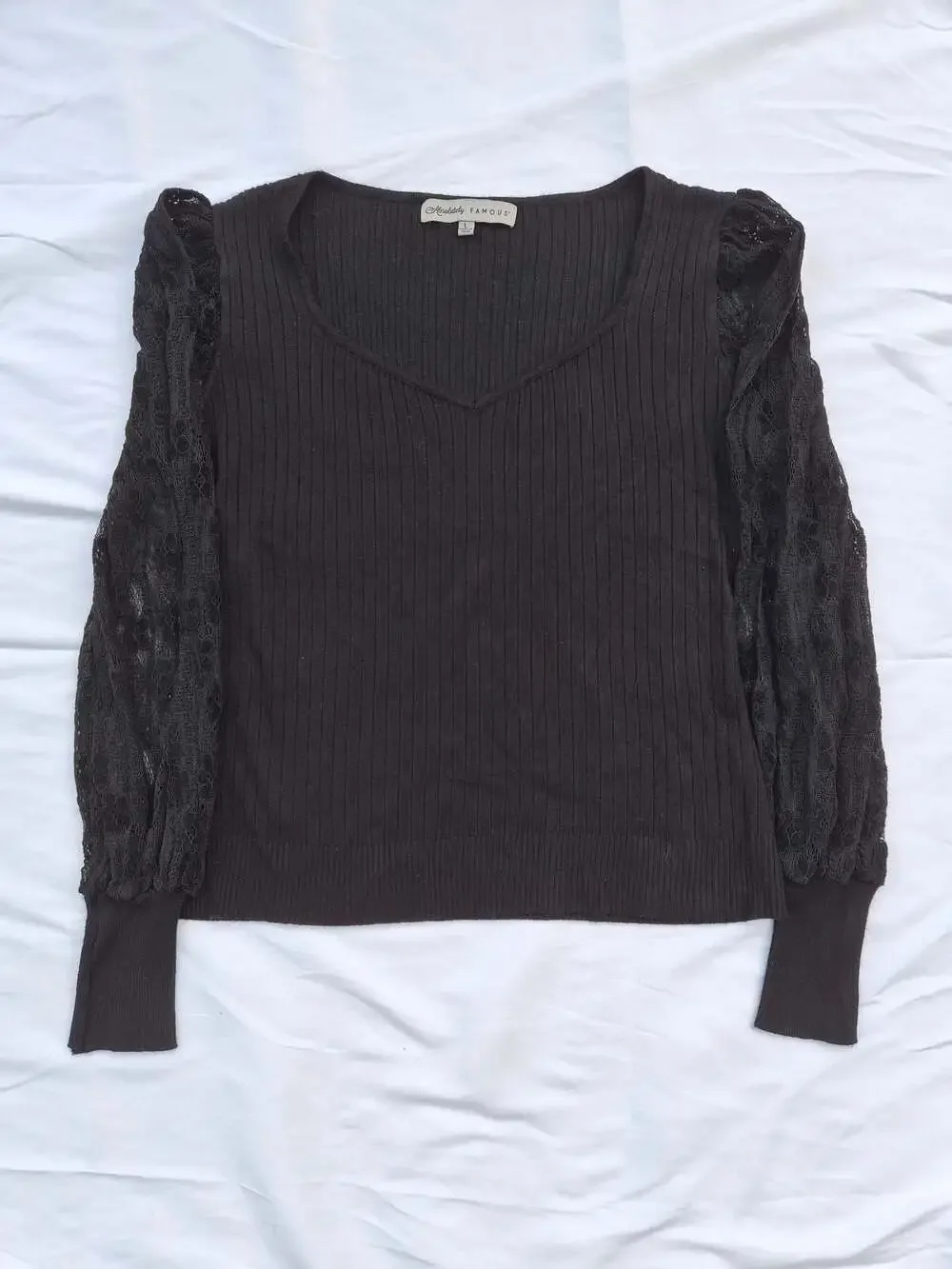 Absolutely Famous Women's Ribbed V-Neck Sweater with Lace Puff Sleeves